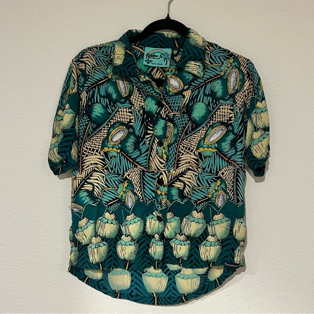Rainbow-Jo Coconut Teal and Yellow Patterned Vintage Shirt